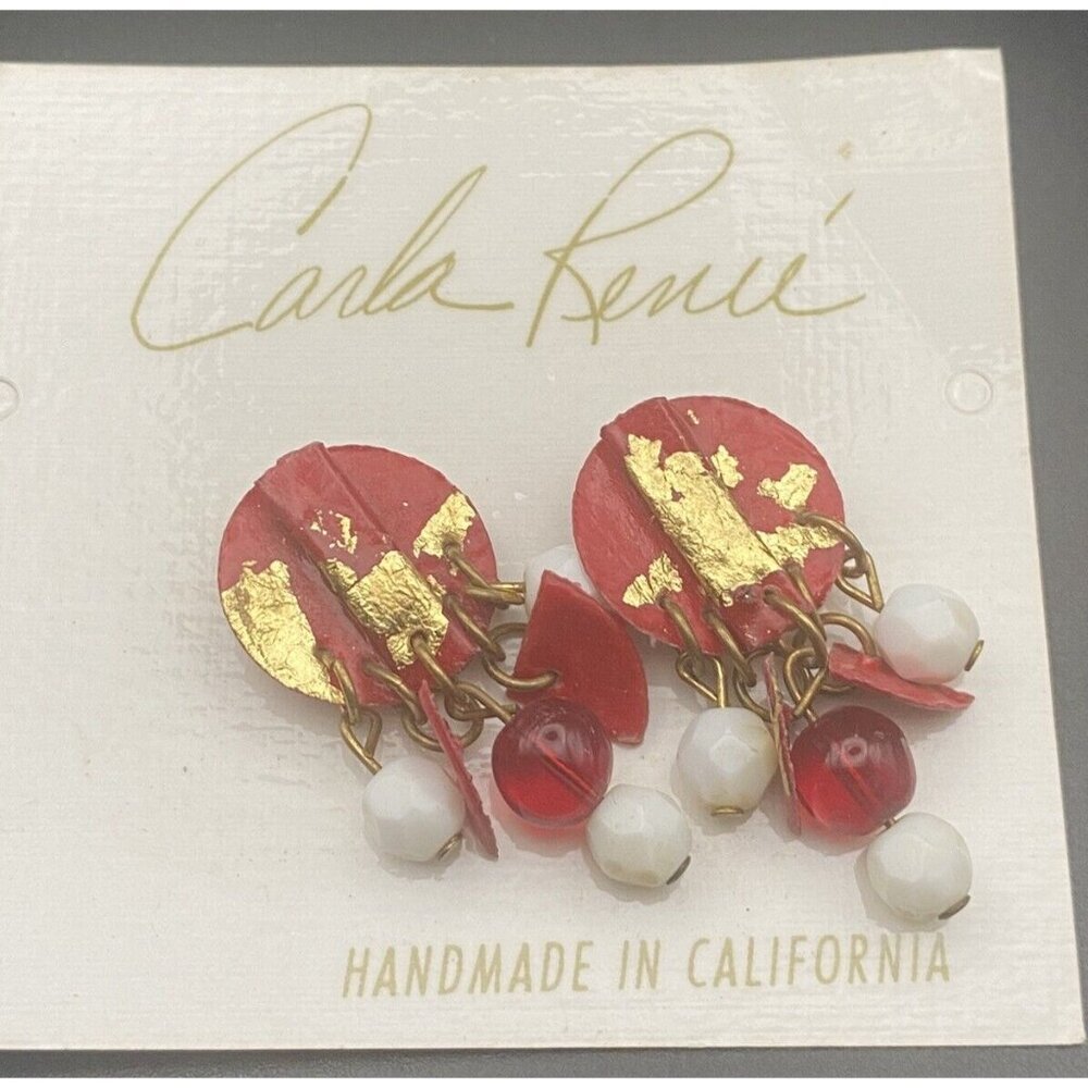 NWT Vintage Earrings Carla Renee Handmade in California Dangle Pierced Red White - Picture 3 of 5